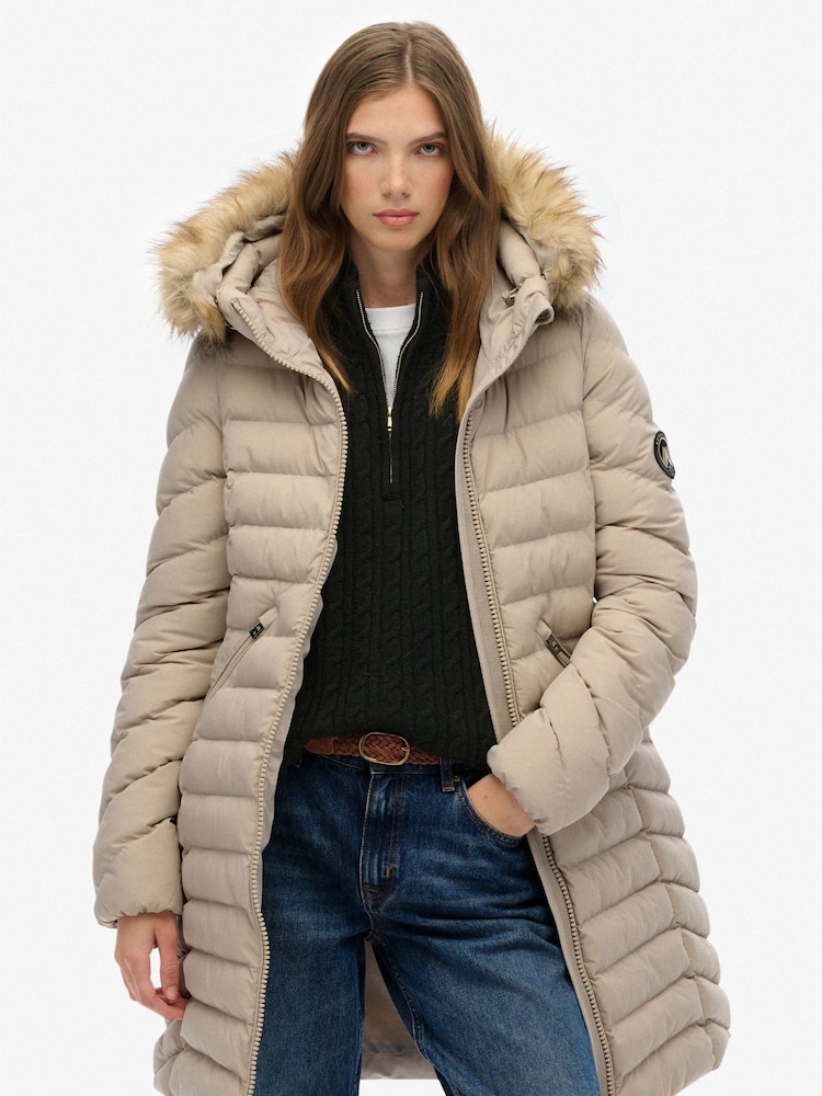 Superdry Grey Fuji Faux Hooded Mid Length Jacket - Image 1 of 6