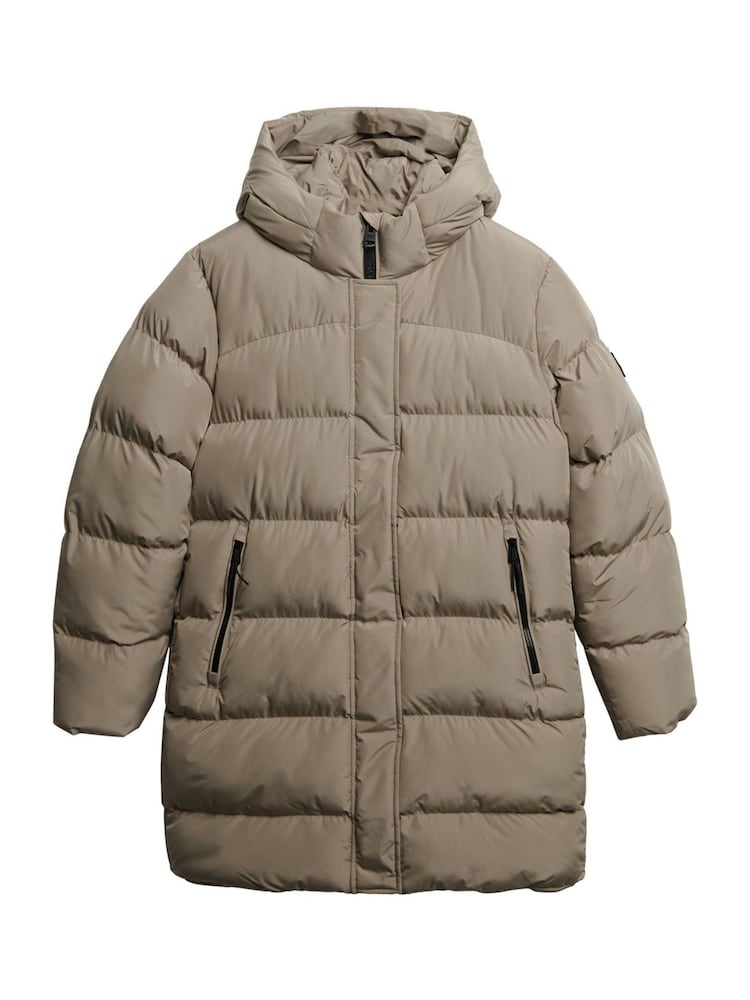 Superdry Natural Hooded Sports Puffer Mid Length Jacket - Image 1 of 3 Superdry Natural Hooded Sports Puffer Mid Length Jacket - Image 1 of 3