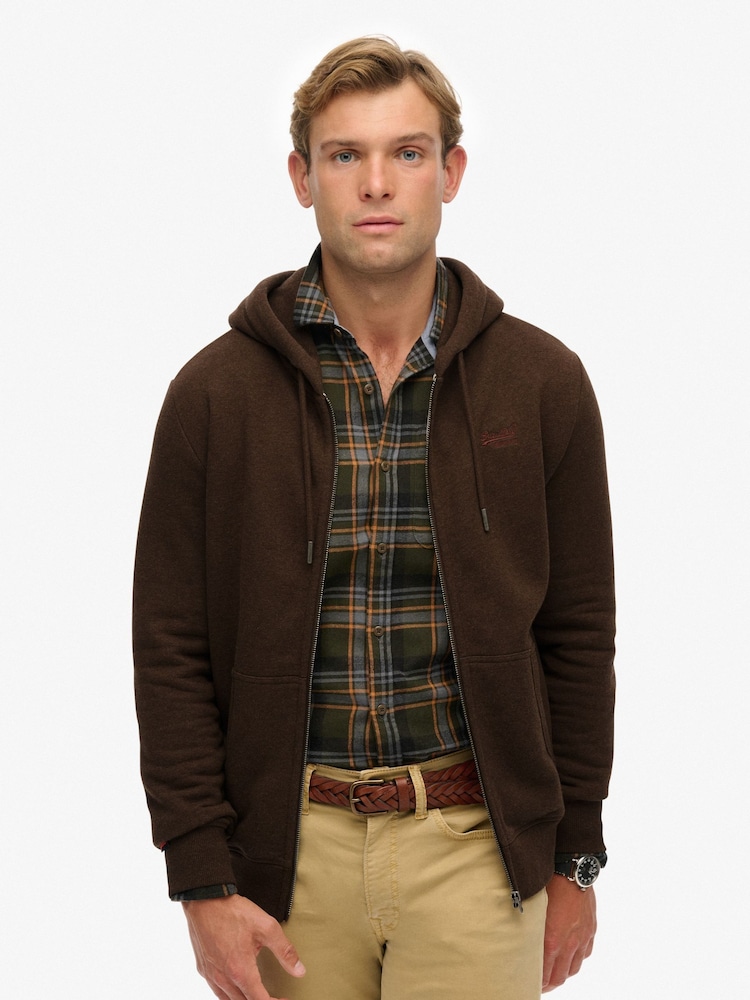 Superdry Brown Essential Logo Slim Fit Zip Hoodie - Image 1 of 7