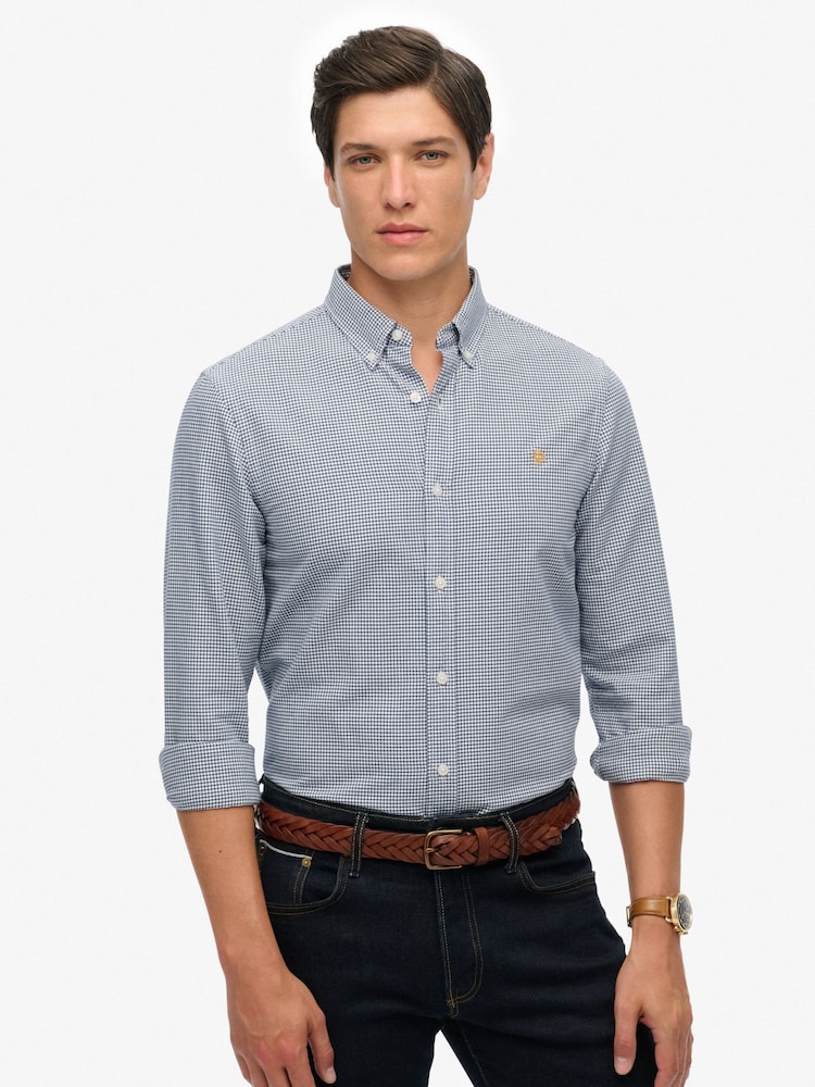 Superdry Ocean Navy Gingham Classic Oxford Long Sleeve Shirt - Image 1 of 6 Superdry Ocean Navy Gingham Classic Oxford Long Sleeve Shirt - Image 1 of 6