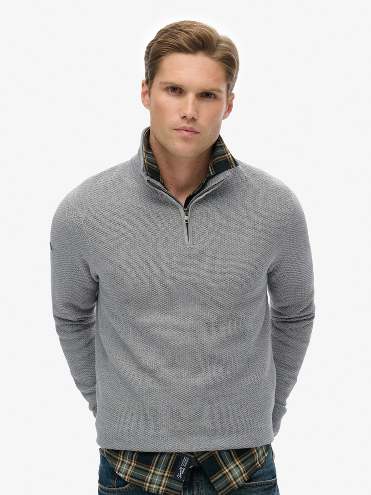 Superdry Grey Cotton Texture Half-Zip Jumper - Image 1 of 5 Superdry Grey Cotton Texture Half-Zip Jumper - Image 1 of 5