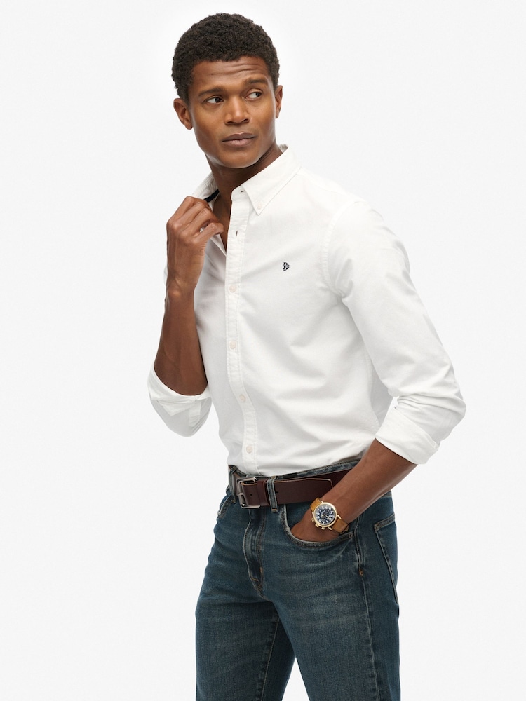 Superdry White Classic Oxford Long Sleeve Shirt - Image 2 of 7 Superdry White Classic Oxford Long Sleeve Shirt - Image 2 of 7
