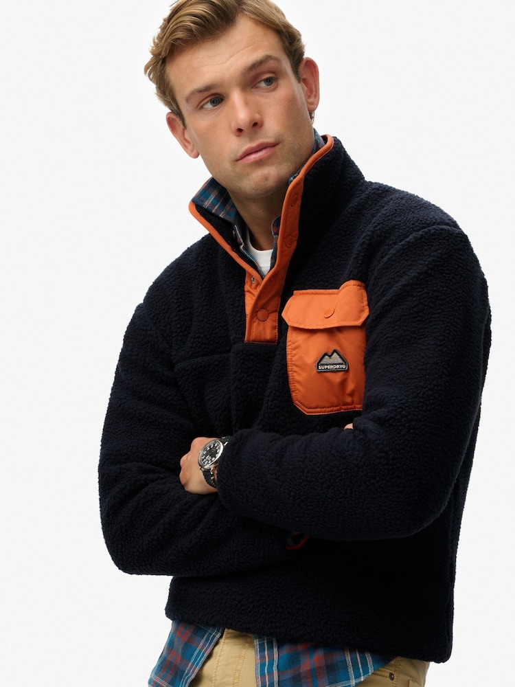 Superdry Blue Fuji Fleece Half Popper Jumper - Image 1 of 7 Superdry Blue Fuji Fleece Half Popper Jumper - Image 1 of 7