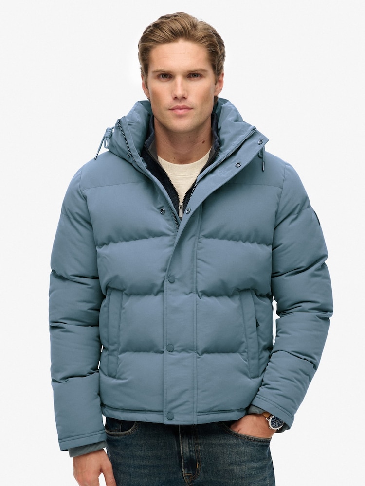 Superdry Light Blue Everest Short Hooded Puffer Coat Jacket - Image 1 of 7 Superdry Light Blue Everest Short Hooded Puffer Coat Jacket - Image 1 of 7