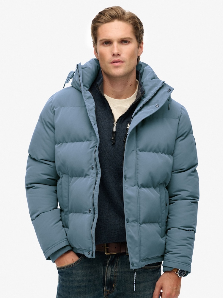 Superdry Light Blue Everest Short Hooded Puffer Coat Jacket - Image 2 of 7 Superdry Light Blue Everest Short Hooded Puffer Coat Jacket - Image 2 of 7