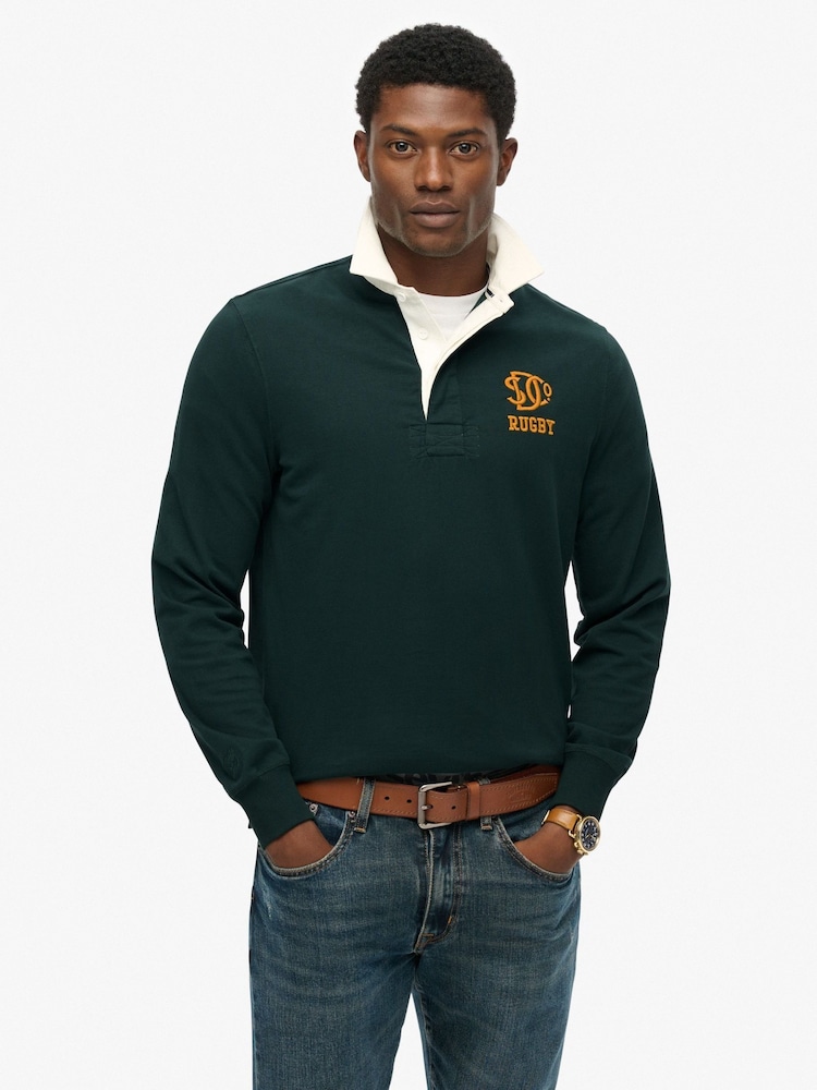 Superdry Eagle Green Chest Band Vintage Athletic Stripe Rugby Top - Image 1 of 6 Superdry Eagle Green Chest Band Vintage Athletic Stripe Rugby Top - Image 1 of 6