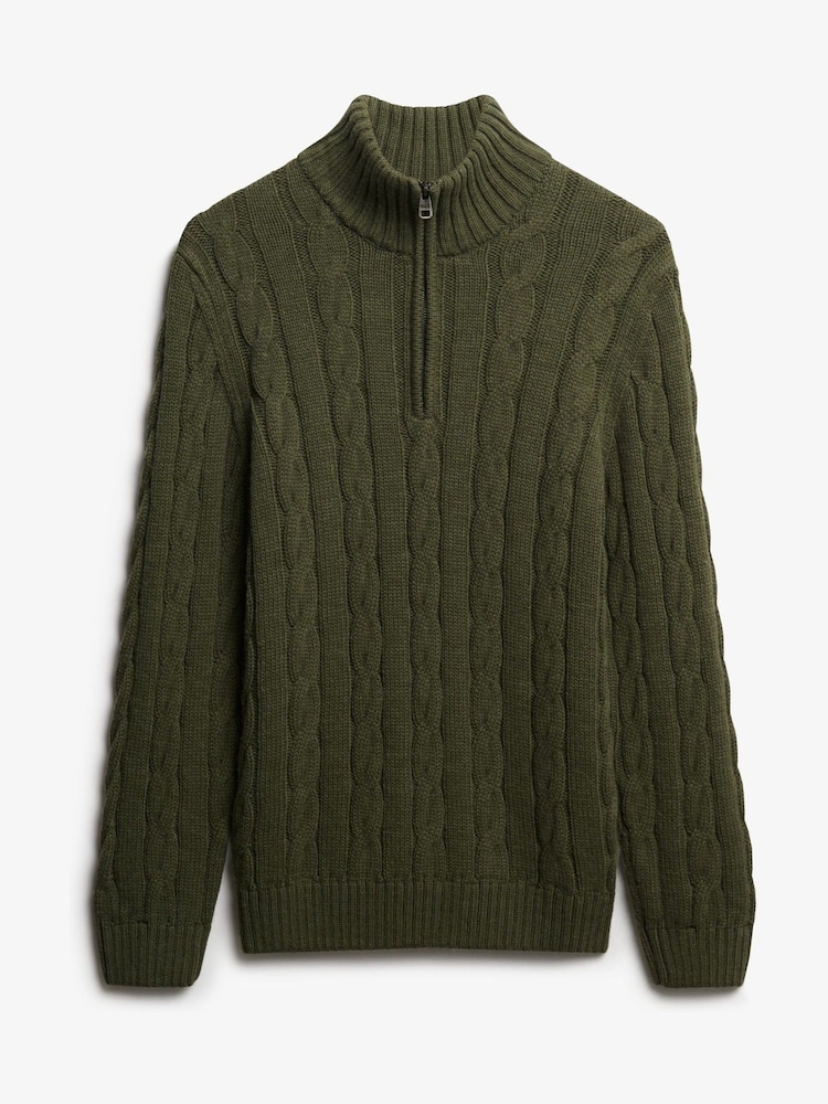 Superdry Green Jacob Cable Knit Half Zip Jumper - Image 1 of 1 Superdry Green Jacob Cable Knit Half Zip Jumper - Image 1 of 1