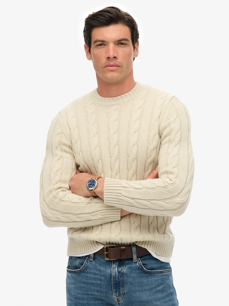 Superdry Cream Jacob Cable Knit Jumper - Image 1 of 6 Superdry Cream Jacob Cable Knit Jumper - Image 1 of 6