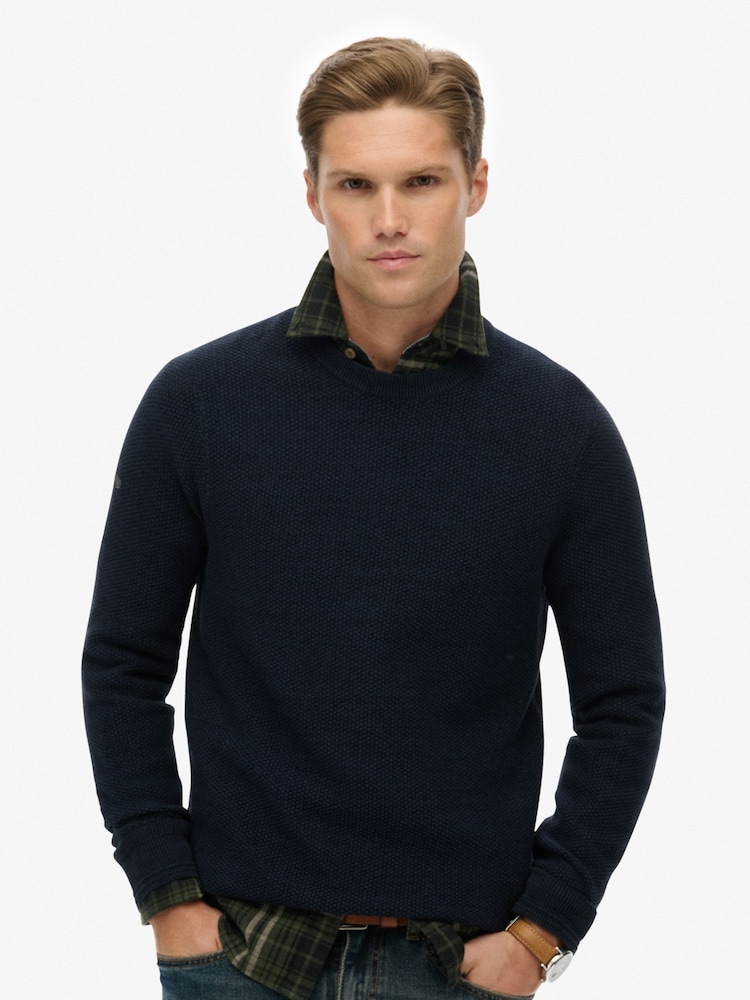 Superdry Blue Light Weight Cotton Texture Jumper - Image 1 of 4 Superdry Blue Light Weight Cotton Texture Jumper - Image 1 of 4