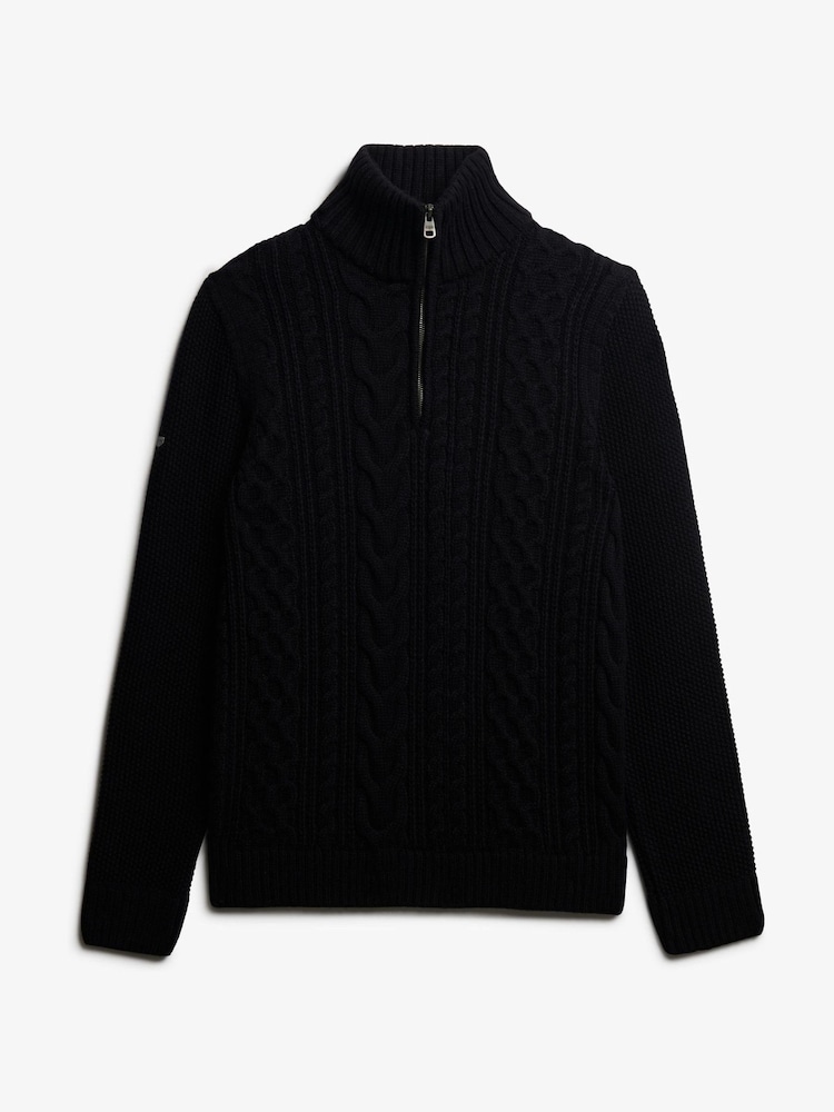 Superdry Blue Jacob Cable Knit Half Zip Jumper - Image 1 of 2