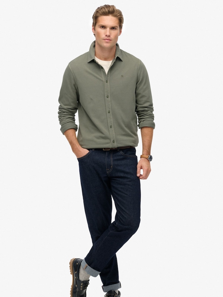 Superdry Green Vintage Destroy Pique Long Sleeve Shirt - Image 1 of 5 Superdry Green Vintage Destroy Pique Long Sleeve Shirt - Image 1 of 5