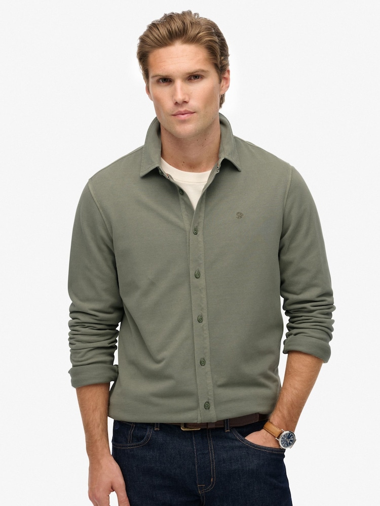 Superdry Green Vintage Destroy Pique Long Sleeve Shirt - Image 2 of 5