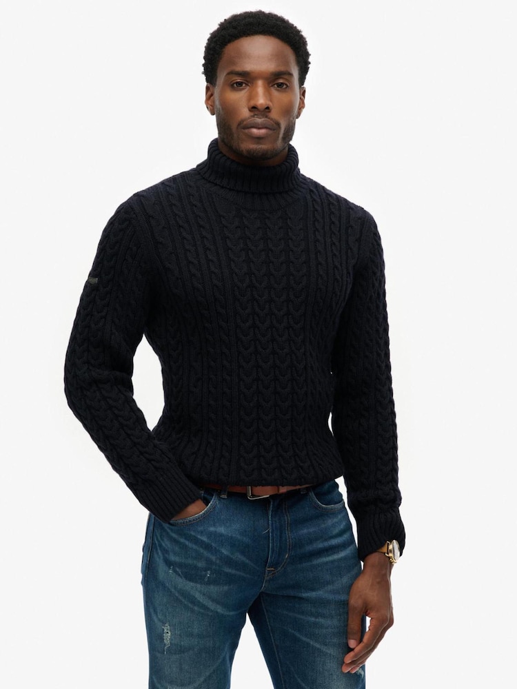 Superdry Blue Jacob Cable Roll Neck Jumper - Image 1 of 8