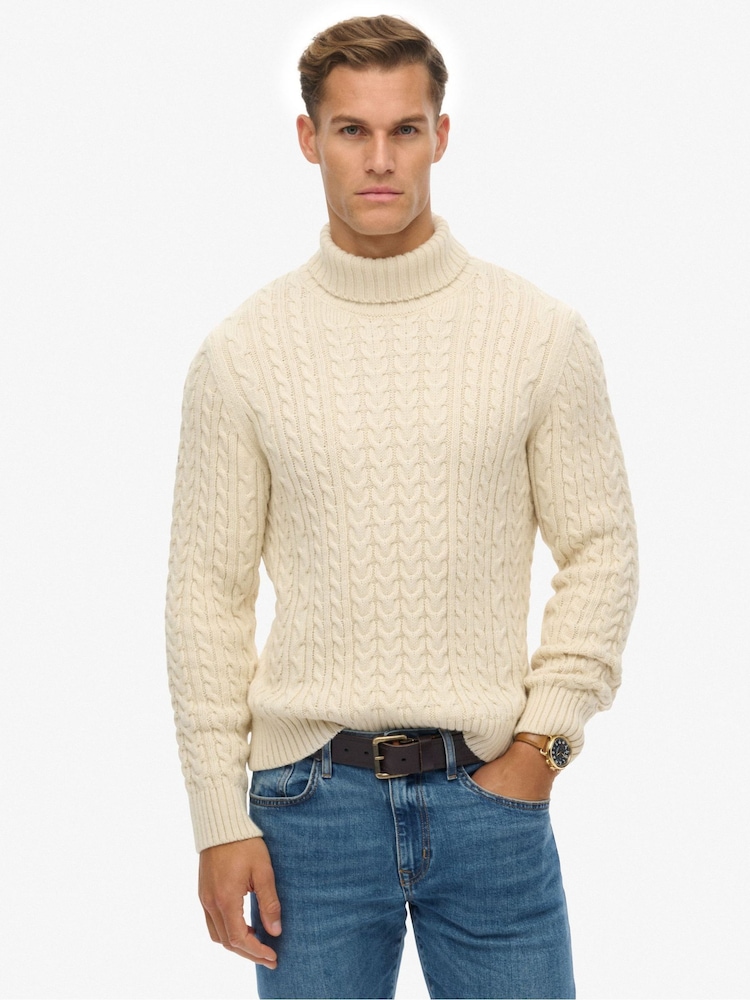 Superdry White Jacob Cable Roll Neck Jumper - Image 1 of 5