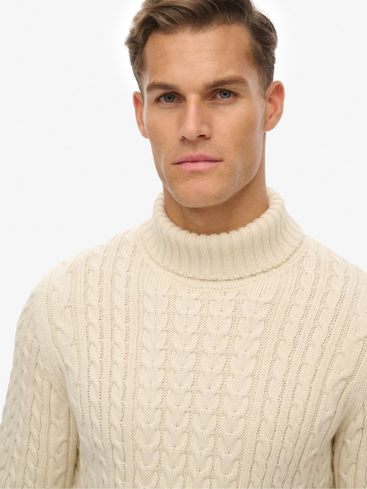 Superdry White Jacob Cable Roll Neck Jumper - Image 5 of 5