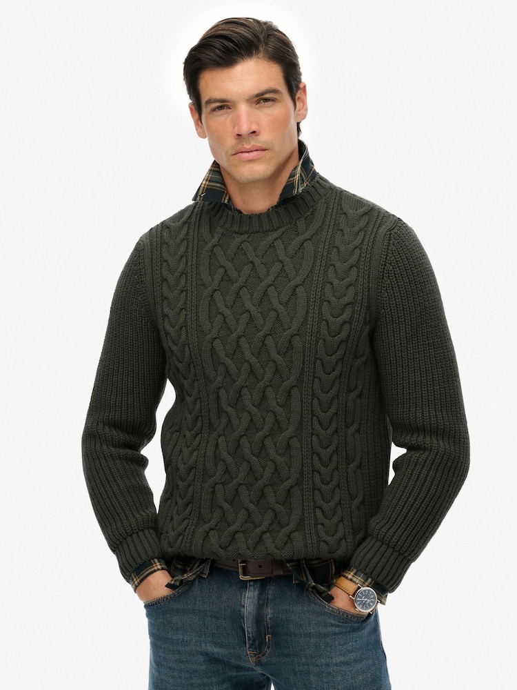 Superdry Green Jacob Cable Knit Jumper - Image 1 of 6