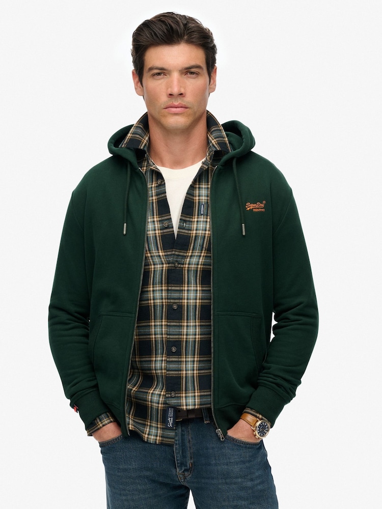 Superdry Olive Green Essential Logo Half Brushed Zip Hoodie - Image 1 of 5 Superdry Olive Green Essential Logo Half Brushed Zip Hoodie - Image 1 of 5