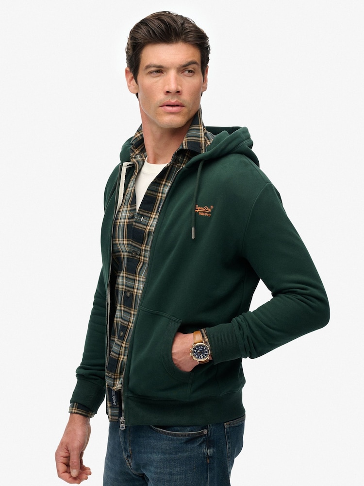 Superdry Olive Green Essential Logo Half Brushed Zip Hoodie - Image 2 of 5 Superdry Olive Green Essential Logo Half Brushed Zip Hoodie - Image 2 of 5