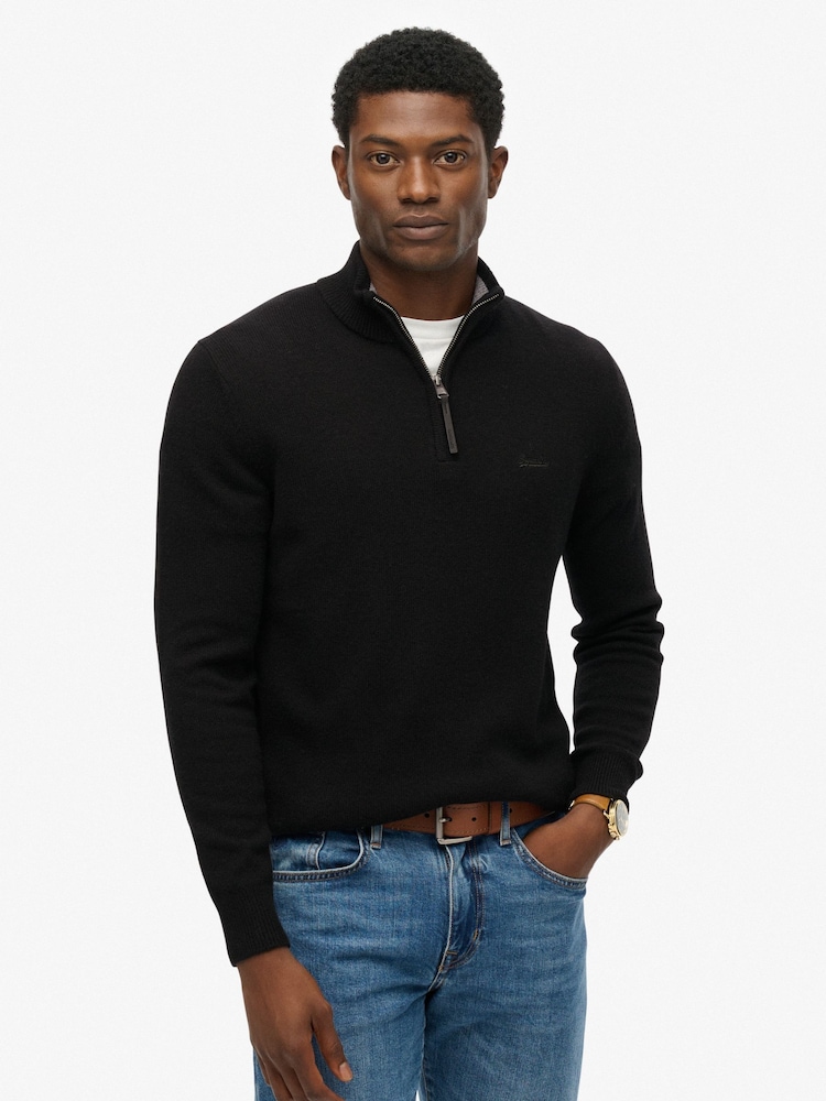 Superdry Black Wool Blend Half Zip Jumper - Image 1 of 6 Superdry Black Wool Blend Half Zip Jumper - Image 1 of 6