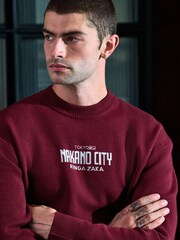 Burgundy Red Relaxed Fit Premium Mid-Weight Japan Graphic Back Print Crew Neck Jumper - Image 9 of 18