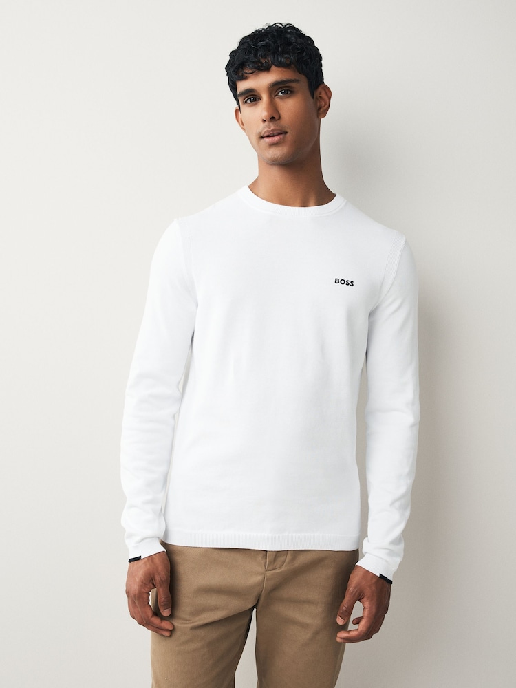 BOSS White Ecru Regular Fit Ever Crew Neck Jumper - Image 1 of 5 BOSS White Ecru Regular Fit Ever Crew Neck Jumper - Image 1 of 5