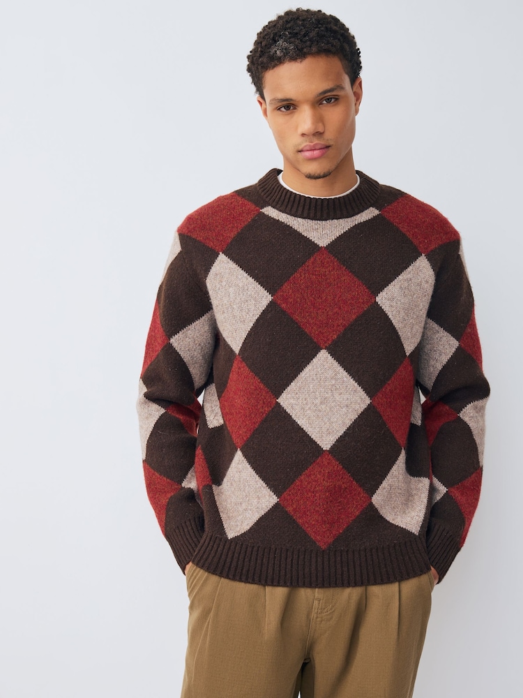 Brown/Red Regular Fit Argyle Pattern Crew Jumper with Wool - Image 1 of 8 Brown/Red Regular Fit Argyle Pattern Crew Jumper with Wool - Image 1 of 8
