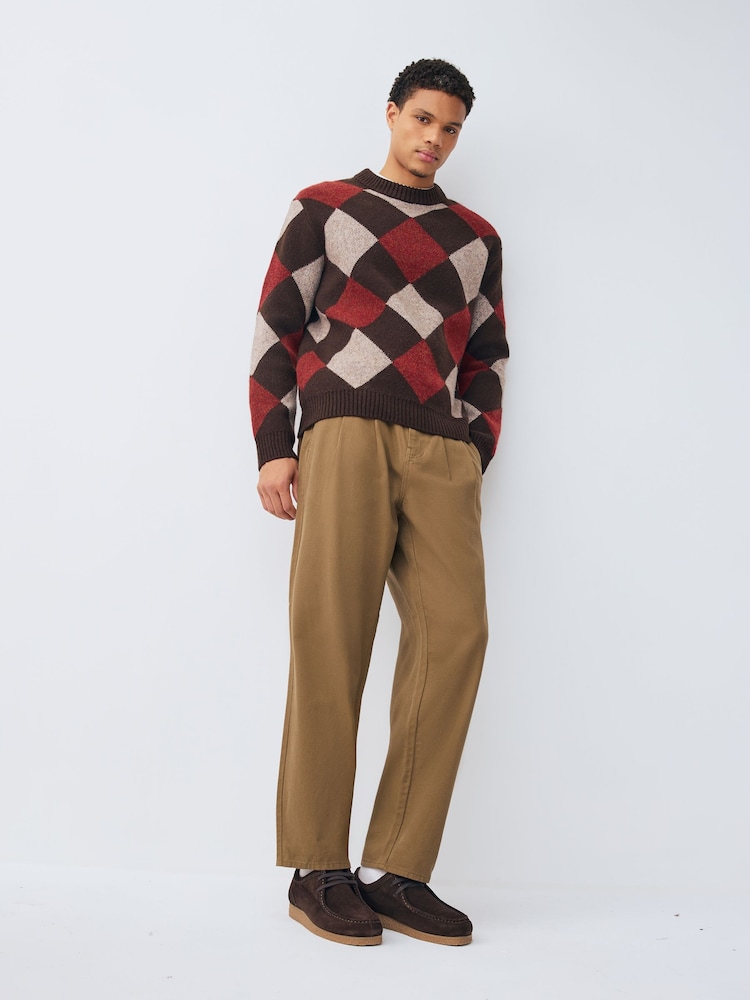 Brown/Red Regular Fit Argyle Pattern Crew Jumper with Wool - Image 2 of 8 Brown/Red Regular Fit Argyle Pattern Crew Jumper with Wool - Image 2 of 8