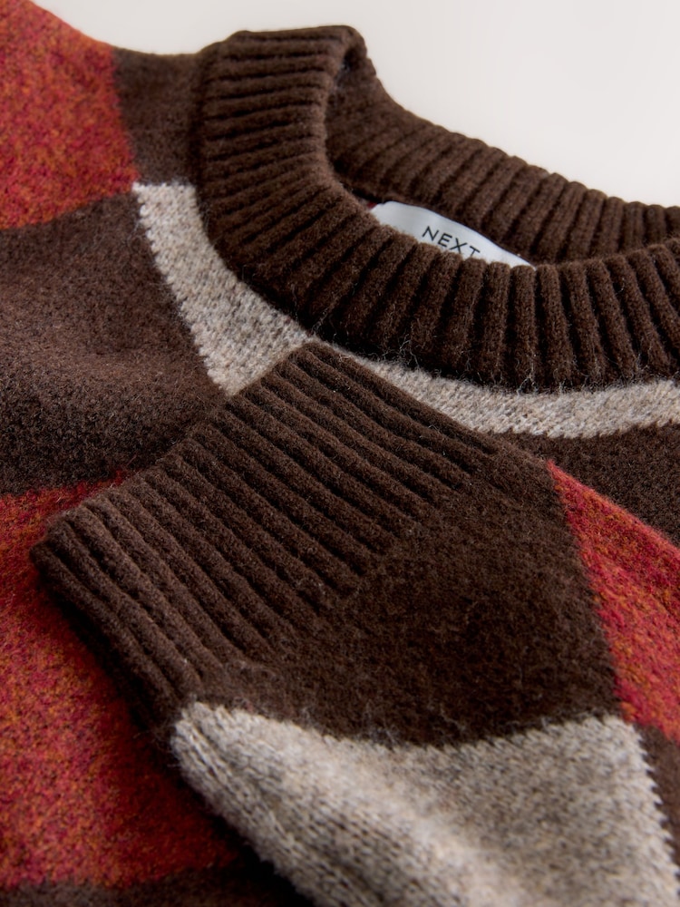 Brown/Red Regular Fit Argyle Pattern Crew Jumper with Wool - Image 8 of 8 Brown/Red Regular Fit Argyle Pattern Crew Jumper with Wool - Image 8 of 8