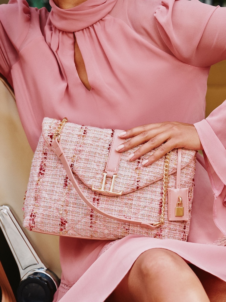 Lipsy Pink Boucle Quilted Chain Shoulder Bag - Image 2 of 6 Lipsy Pink Boucle Quilted Chain Shoulder Bag - Image 2 of 6