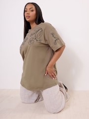 Yours Curve Brown Applique Drop Shoulder 100% Cotton T-Shirt - Image 1 of 5