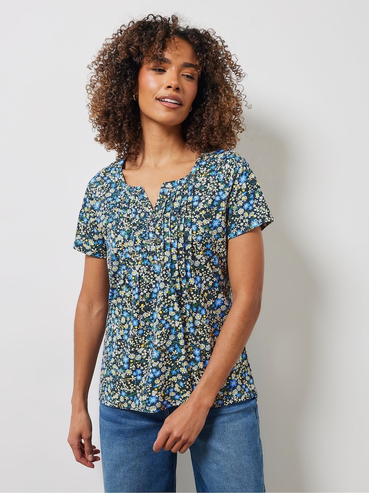 M&Co Navy Blue Floral Short Sleeve 100% Cotton Henley Top - Image 1 of 5