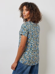 M&Co Navy Blue Floral Short Sleeve 100% Cotton Henley Top - Image 3 of 5