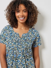 M&Co Navy Blue Floral Short Sleeve 100% Cotton Henley Top - Image 4 of 5