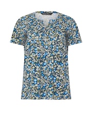 M&Co Navy Blue Floral Short Sleeve 100% Cotton Henley Top - Image 5 of 5