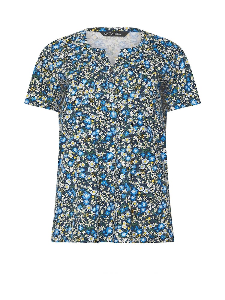 M&Co Navy Blue Floral Short Sleeve 100% Cotton Henley Top - Image 5 of 5