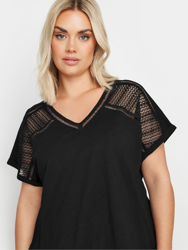Yours Curve Black Grown On Bubble Hem Crochet 100% Cotton Blouses - Image 4 of 5