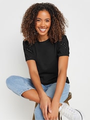 M&Co Black Broderie Puff Sleeve 100% Cotton T-Shirt - Image 1 of 5
