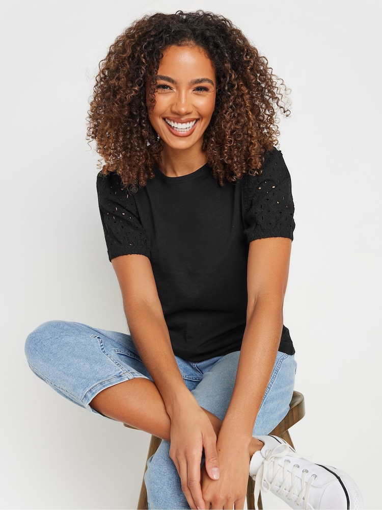 M&Co Black Broderie Puff Sleeve 100% Cotton T-Shirt - Image 1 of 5