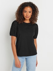 M&Co Black Broderie Puff Sleeve 100% Cotton T-Shirt - Image 2 of 5