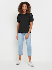 M&Co Black Broderie Puff Sleeve 100% Cotton T-Shirt - Image 3 of 5