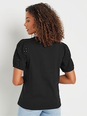 M&Co Black Broderie Puff Sleeve 100% Cotton T-Shirt - Image 4 of 5