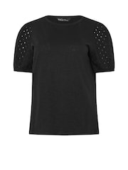 M&Co Black Broderie Puff Sleeve 100% Cotton T-Shirt - Image 5 of 5