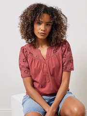 Rosa - M&Co Woven Broderie Sleeve 100% Cotton T-Shirt - Imagen 1 de 5