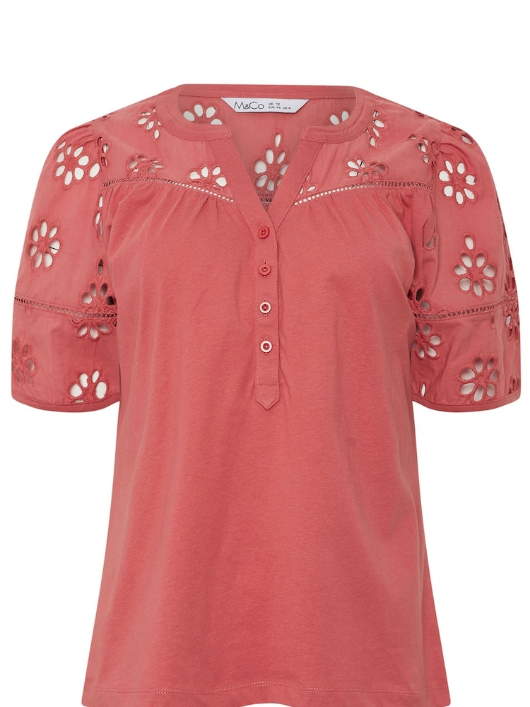 Rosa - M&Co Woven Broderie Sleeve 100% Cotton T-Shirt - Imagen 5 de 5