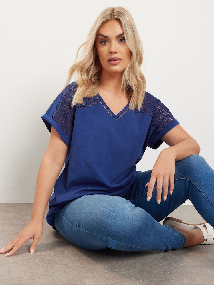 Yours Curve Blue Grown On Bubble Hem Crochet 100% Cotton Blouses - Image 1 of 5