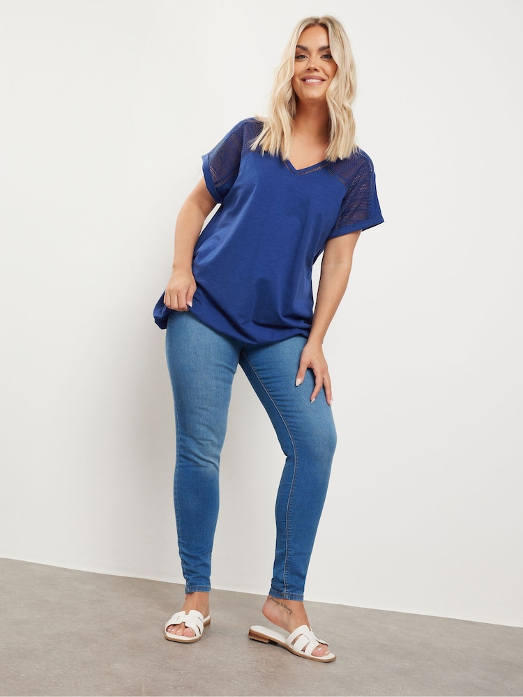 Yours Curve Blue Grown On Bubble Hem Crochet 100% Cotton Blouses - Image 2 of 5