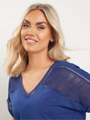 Yours Curve Blue Grown On Bubble Hem Crochet 100% Cotton Blouses - Image 4 of 5