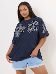Yours Curve Blue Applique Drop Shoulder 100% Cotton T-Shirt - Image 1 of 5