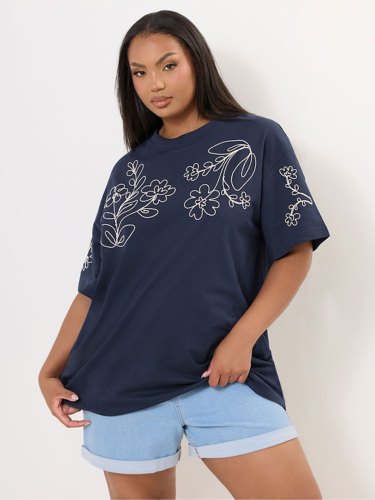 Yours Curve Blue Applique Drop Shoulder 100% Cotton T-Shirt - Image 1 of 5