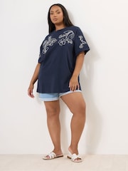 Yours Curve Blue Applique Drop Shoulder 100% Cotton T-Shirt - Image 2 of 5